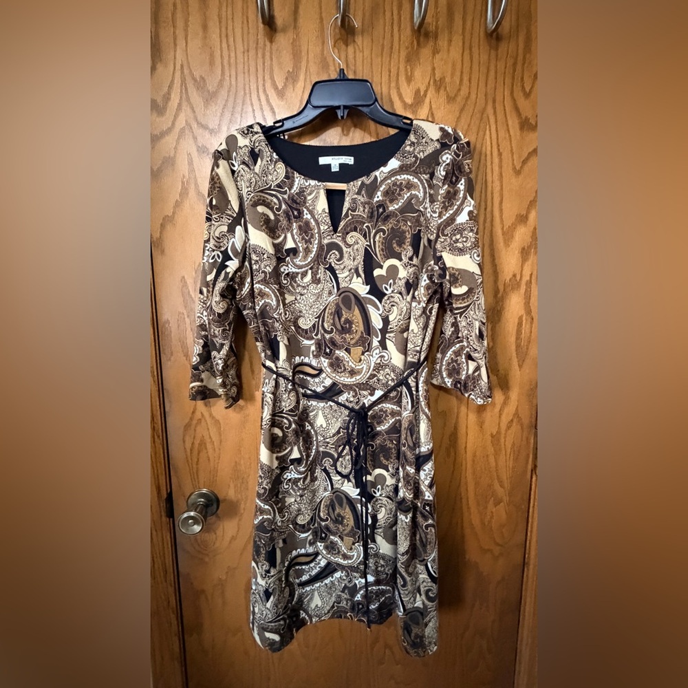 Studio One Brown and Cream Paisley Long Sleeve Dress